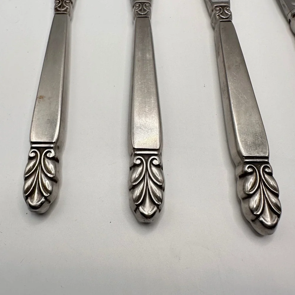 Vintage Nordic Crown Stainless Steel Dinner Knives Set of 5 Scroll Leaf Norse